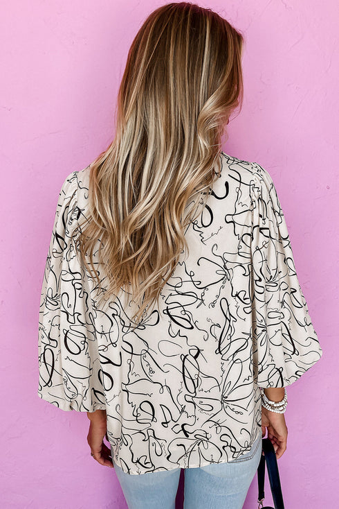Abstract Print Crew Neck Balloon Sleeve Blouse
