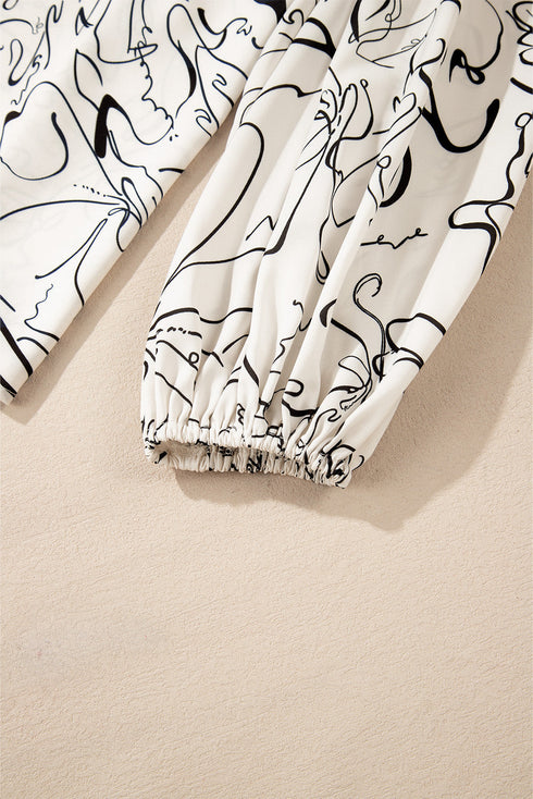 Abstract Print Crew Neck Balloon Sleeve Blouse