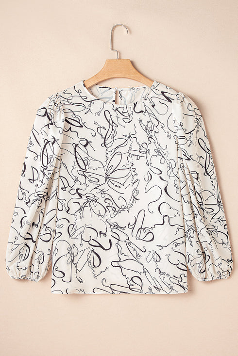 Abstract Print Crew Neck Balloon Sleeve Blouse