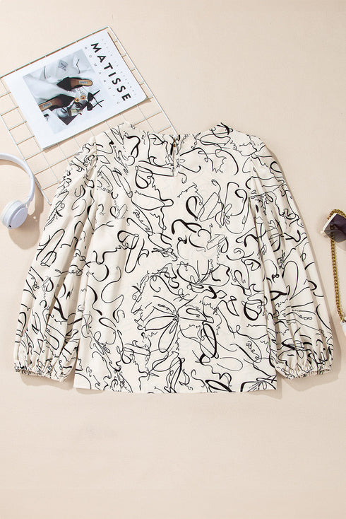 Abstract Print Crew Neck Balloon Sleeve Blouse