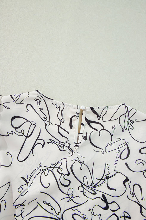 Abstract Print Crew Neck Balloon Sleeve Blouse
