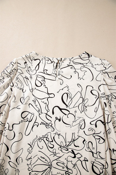 Abstract Print Crew Neck Balloon Sleeve Blouse