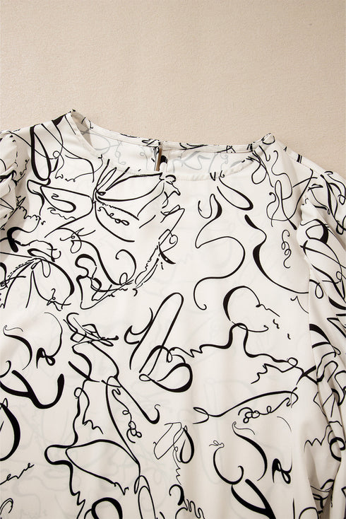 Abstract Print Crew Neck Balloon Sleeve Blouse