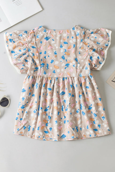 Abstract Print Crisscross V Neck Ruffle Sleeve Flowy Blouse