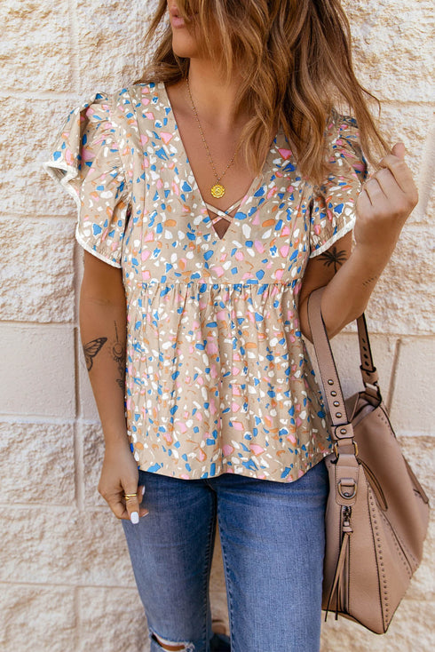 Abstract Print Crisscross V Neck Ruffle Sleeve Flowy Blouse
