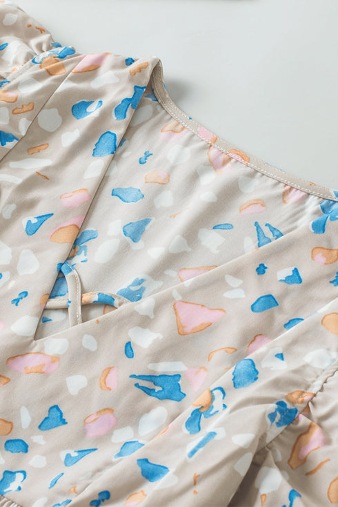 Abstract Print Crisscross V Neck Ruffle Sleeve Flowy Blouse