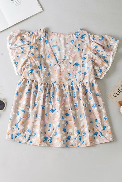 Abstract Print Crisscross V Neck Ruffle Sleeve Flowy Blouse