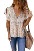 Abstract Print Crisscross V Neck Ruffle Sleeve Flowy Blouse