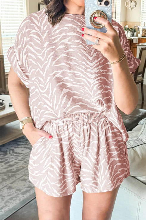 Abstract Print Cuffed Short Sleeve Loose Short Sets