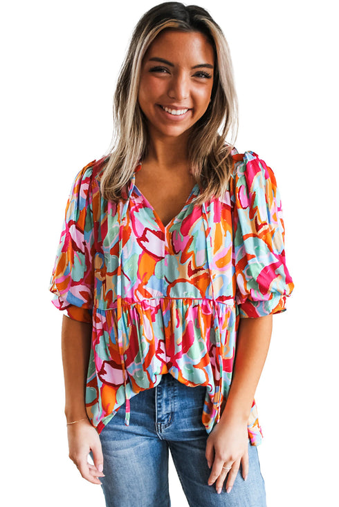 Abstract Print Drawstring V Neck Half Sleeve Viscose Blouse