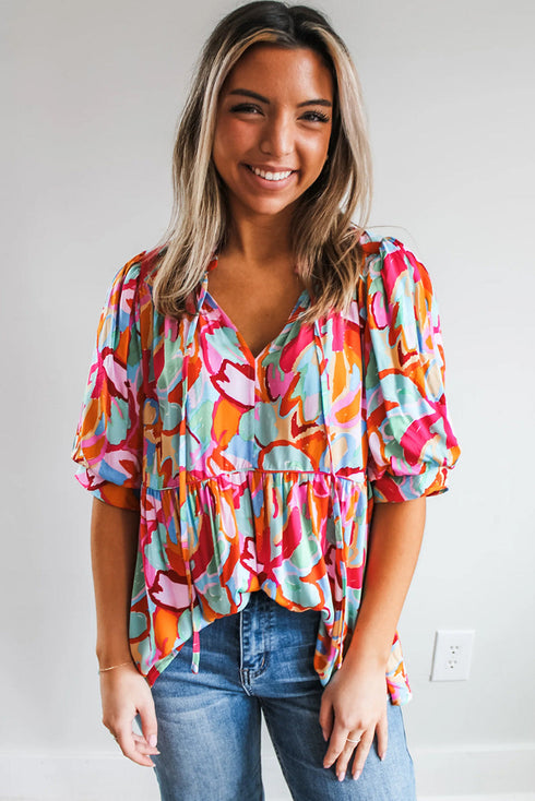 Abstract Print Drawstring V Neck Half Sleeve Viscose Blouse