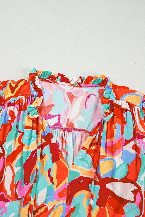 Abstract Print Drawstring V Neck Half Sleeve Viscose Blouse
