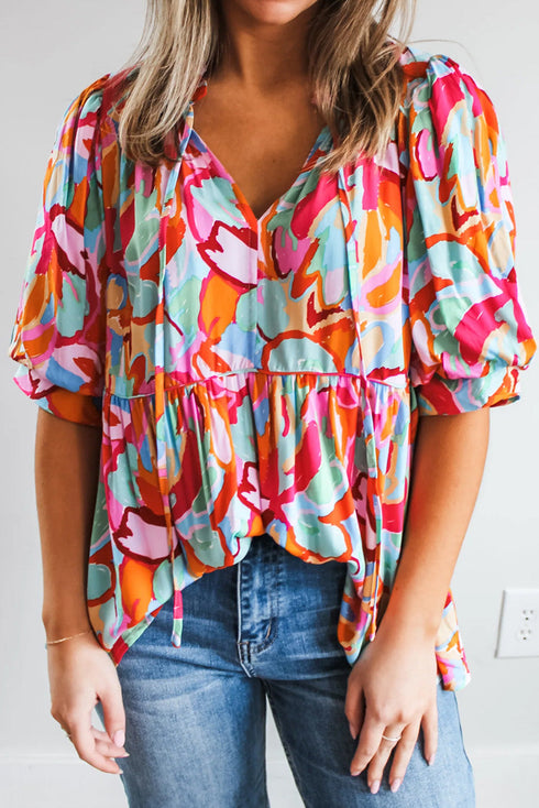 Abstract Print Drawstring V Neck Half Sleeve Viscose Blouse