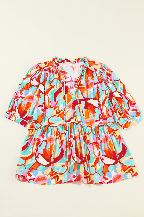 Abstract Print Drawstring V Neck Half Sleeve Viscose Blouse