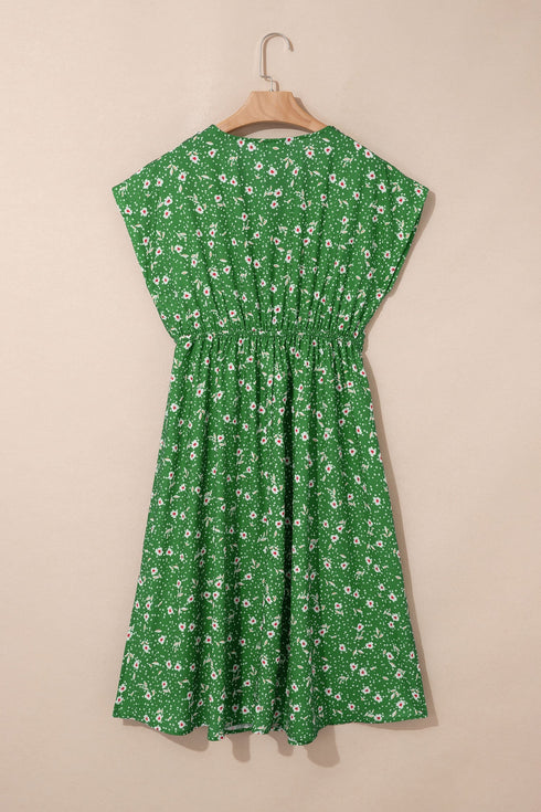 Abstract Print Embroidered Trim V Neck Drawstring Midi Dress