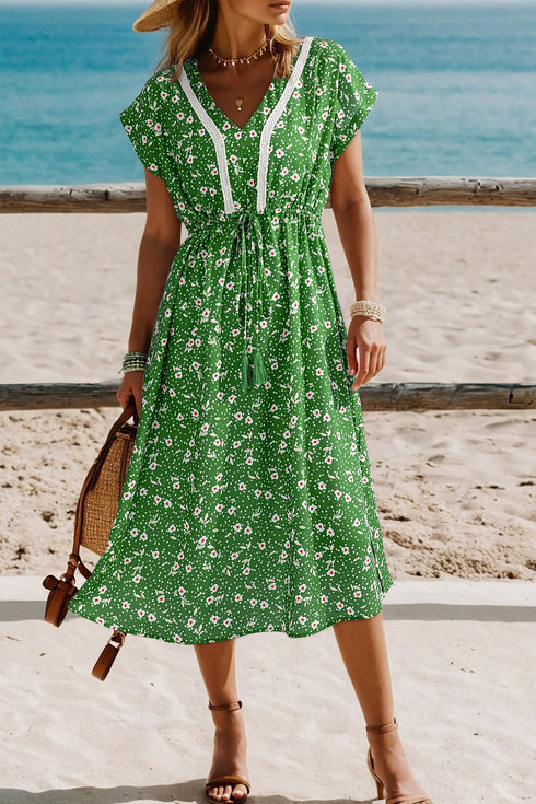 Abstract Print Embroidered Trim V Neck Drawstring Midi Dress