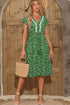 Abstract Print Embroidered Trim V Neck Drawstring Midi Dress