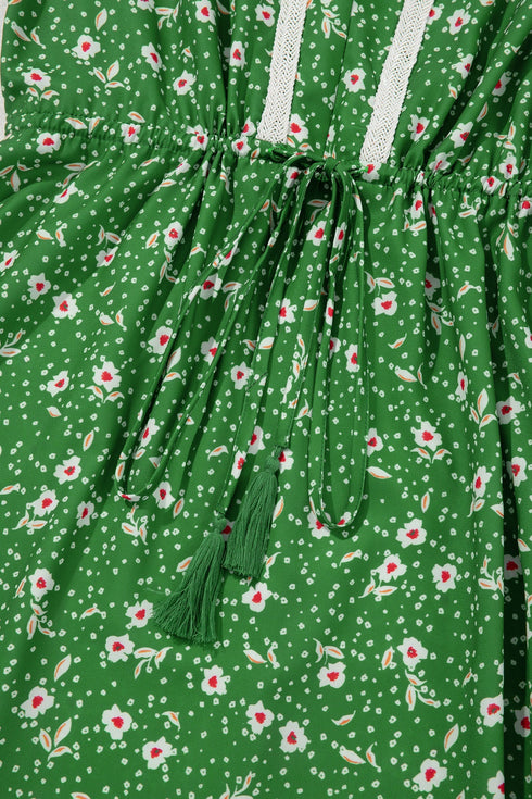 Abstract Print Embroidered Trim V Neck Drawstring Midi Dress