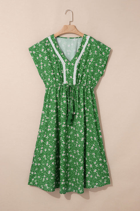 Abstract Print Embroidered Trim V Neck Drawstring Midi Dress