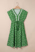 Abstract Print Embroidered Trim V Neck Drawstring Midi Dress