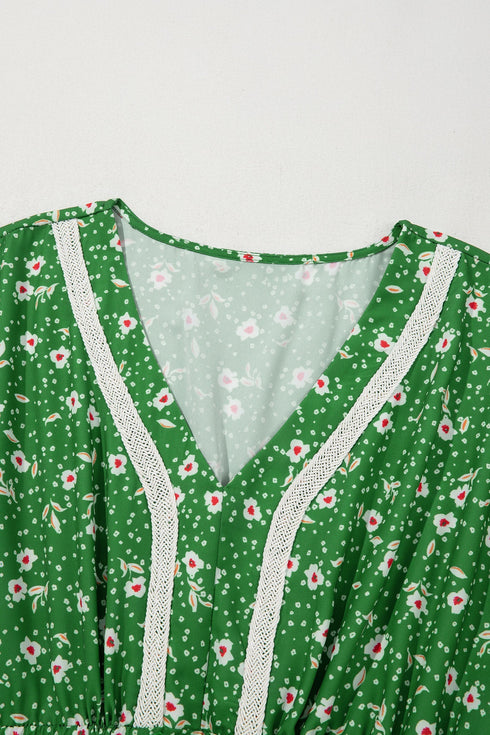 Abstract Print Embroidered Trim V Neck Drawstring Midi Dress