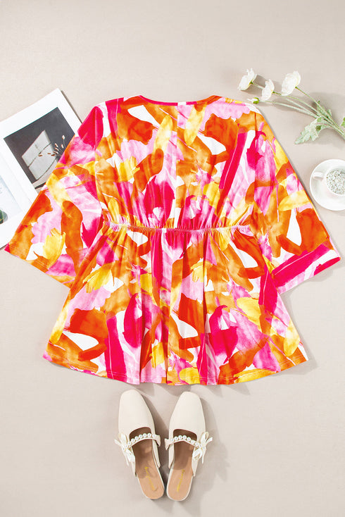 Abstract Print Empire Waist Kimono Sleeve Blouse