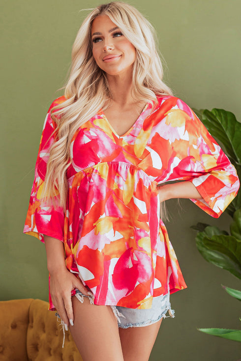 Abstract Print Empire Waist Kimono Sleeve Blouse