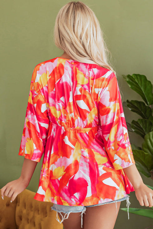 Abstract Print Empire Waist Kimono Sleeve Blouse