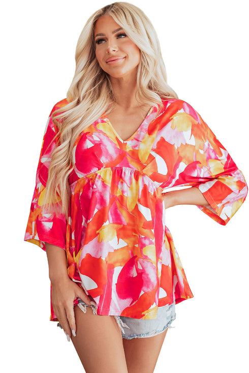 Abstract Print Empire Waist Kimono Sleeve Blouse