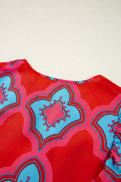 Abstract Print Flutter Sleeve Lightweight Woven V Neck Blouse