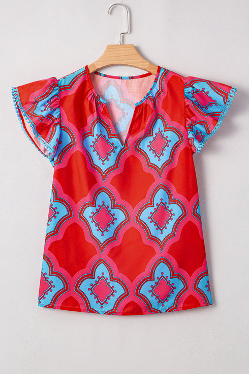 Abstract Print Flutter Sleeve Lightweight Woven V Neck Blouse