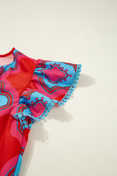 Abstract Print Flutter Sleeve Lightweight Woven V Neck Blouse