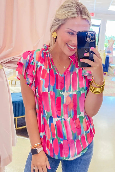 Abstract Print Flutter Sleeve Ruffle Trim V Neck Blouse