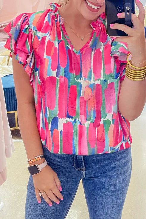 Abstract Print Flutter Sleeve Ruffle Trim V Neck Blouse