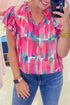 Abstract Print Flutter Sleeve Ruffle Trim V Neck Blouse