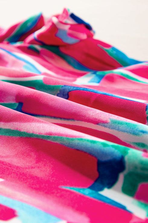 Abstract Print Flutter Sleeve Ruffle Trim V Neck Blouse