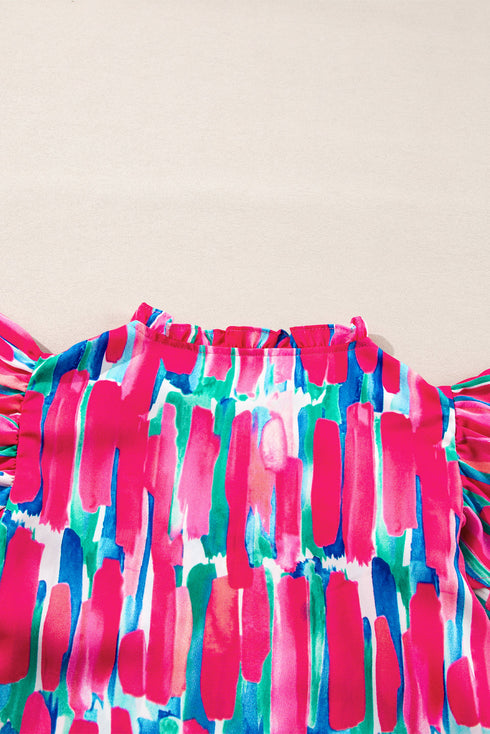 Abstract Print Flutter Sleeve Ruffle Trim V Neck Blouse