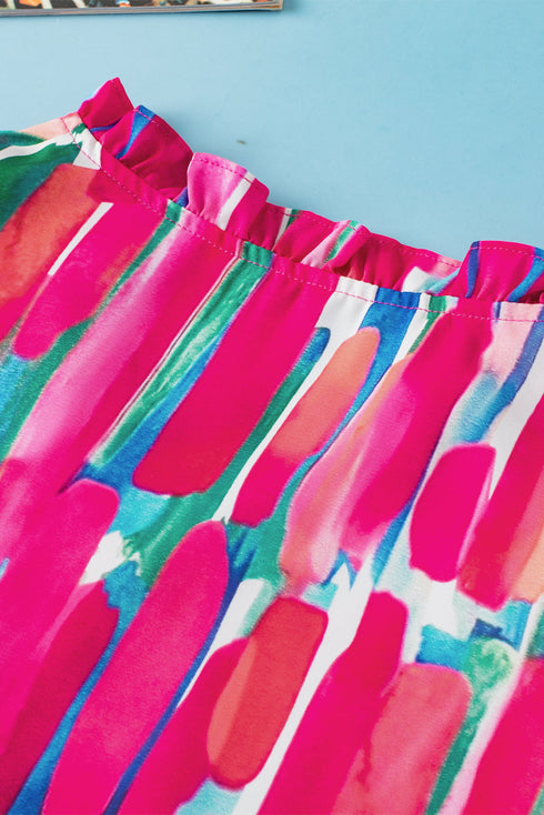 Abstract Print Flutter Sleeve Ruffle Trim V Neck Blouse