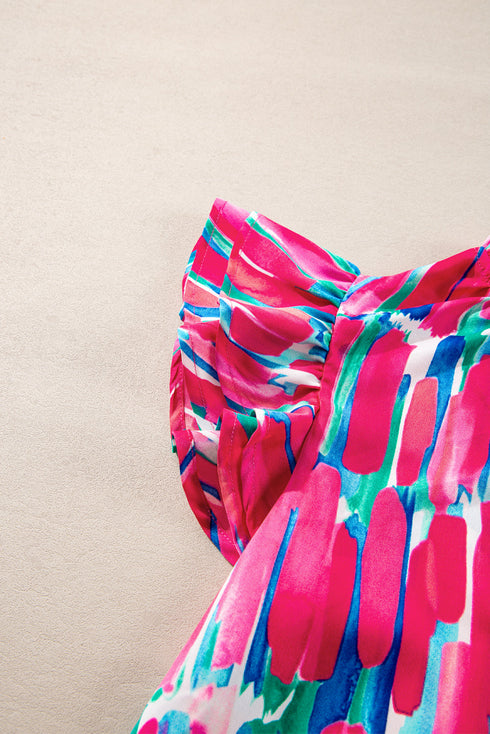 Abstract Print Flutter Sleeve Ruffle Trim V Neck Blouse