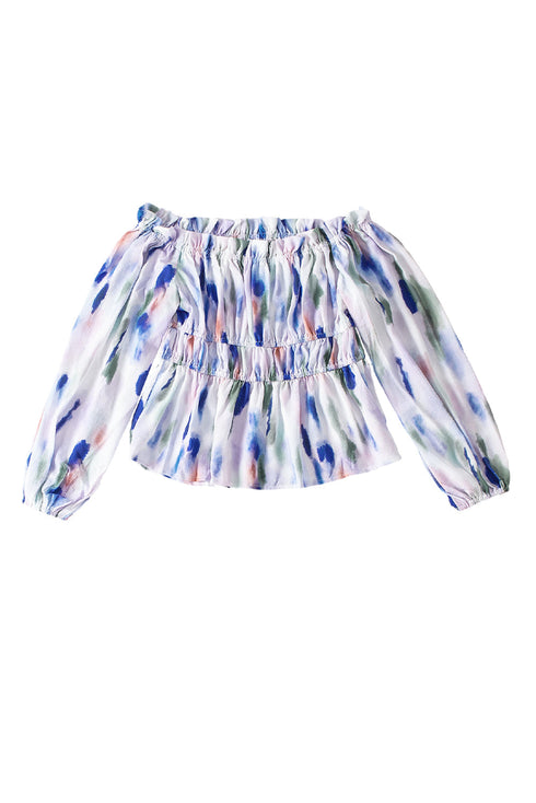 Abstract Print Frill Detail Off Shoulder Bubble Sleeve Blouse