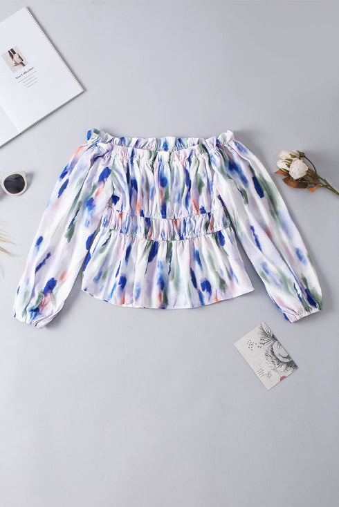 Abstract Print Frill Detail Off Shoulder Bubble Sleeve Blouse