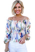 Abstract Print Frill Detail Off Shoulder Bubble Sleeve Blouse