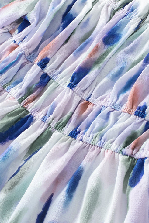 Abstract Print Frill Detail Off Shoulder Bubble Sleeve Blouse