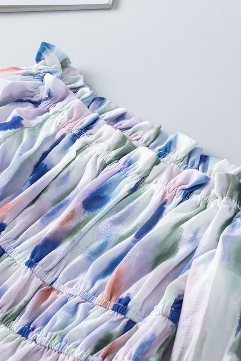 Abstract Print Frill Detail Off Shoulder Bubble Sleeve Blouse