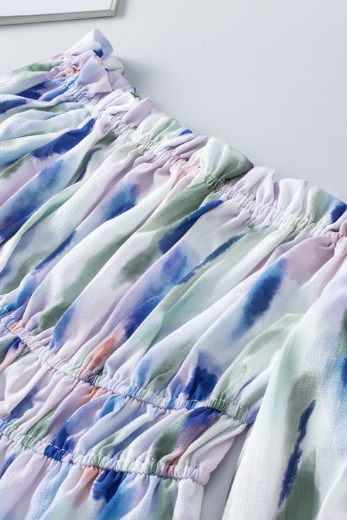 Abstract Print Frill Detail Off Shoulder Bubble Sleeve Blouse