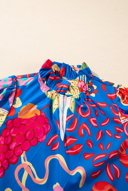 Abstract Print Frilled Collar Puff Sleeve Tie Neck Blouse