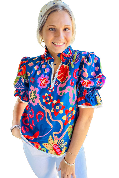 Abstract Print Frilled Collar Puff Sleeve Tie Neck Blouse