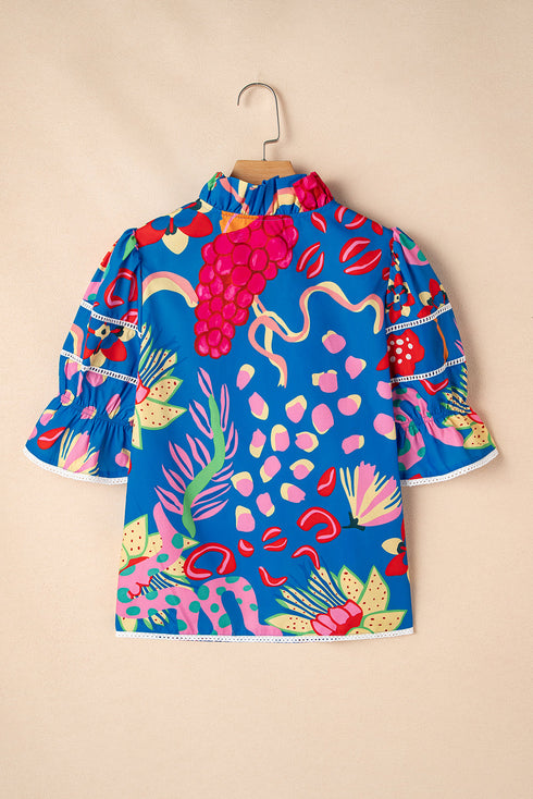 Abstract Print Frilled Collar Puff Sleeve Tie Neck Blouse