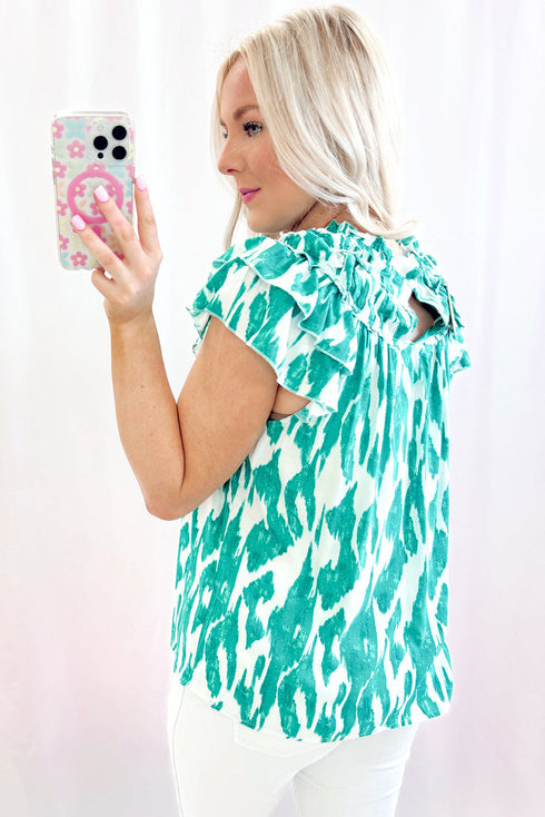 Abstract Print Frilled Crewneck Loose Fit Woven Blouse
