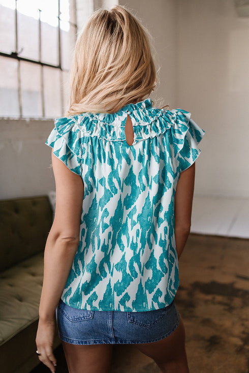 Abstract Print Frilled Crewneck Loose Fit Woven Blouse